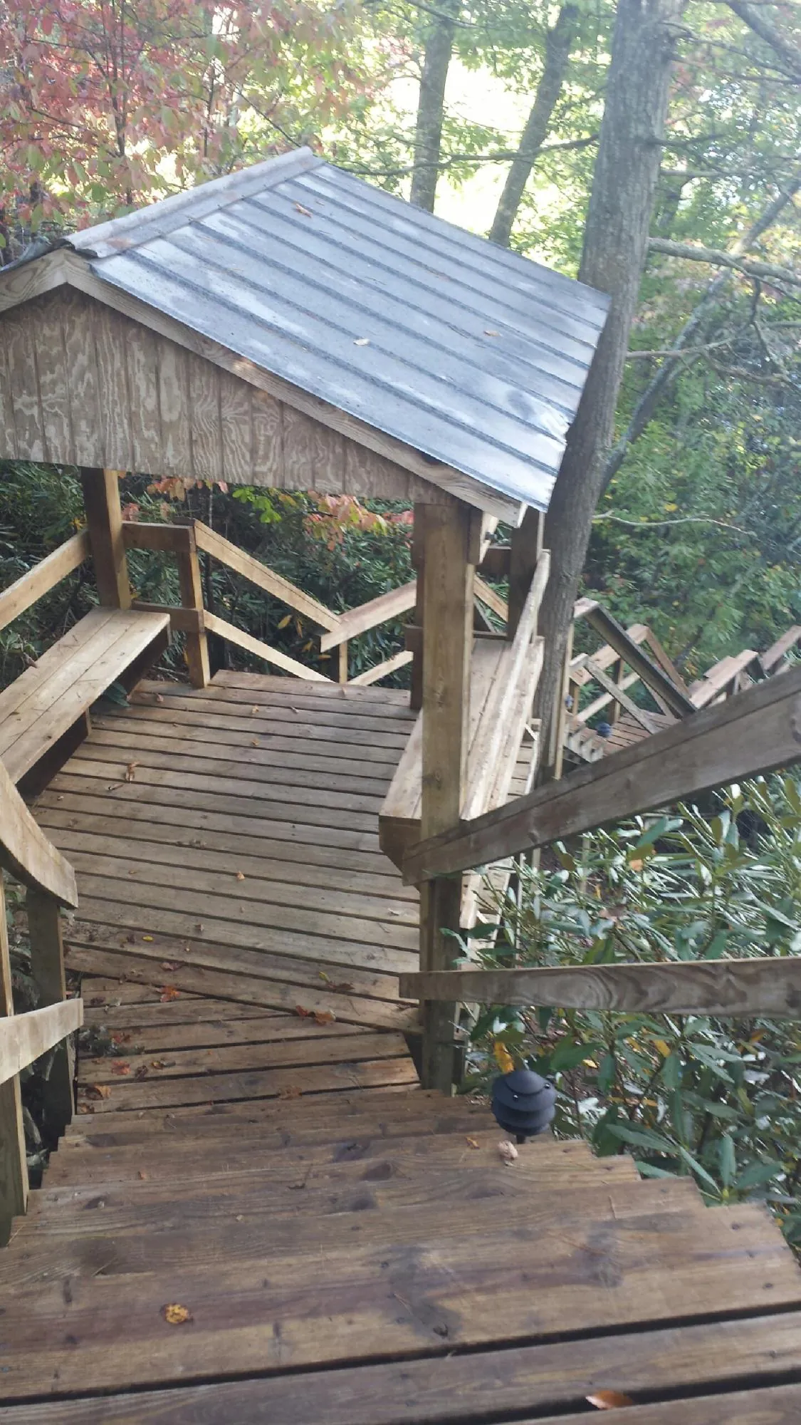 Metal roofed shelter over wooden steps on a wooded walkway — Skylight Repair & Installation work by our crew in Indian Valley